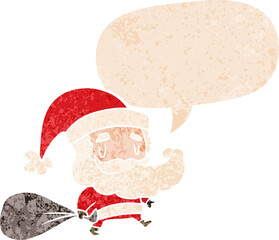 cartoon santa claus with sack and speech bubble in retro textured style