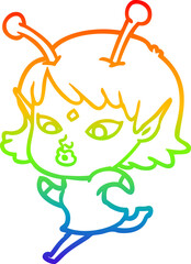 rainbow gradient line drawing pretty cartoon alien girl running