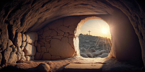 Fototapeta premium Empty tomb at sunrise. Easter concept created with generative Ai technology