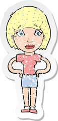 retro distressed sticker of a cartoon worried woman