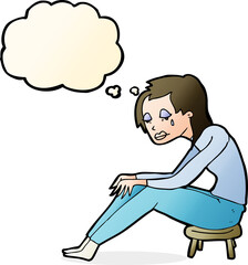 cartoon crying woman with thought bubble