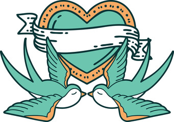 tattoo style icon of a swallows and a heart with banner