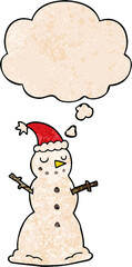 cartoon christmas snowman and thought bubble in grunge texture pattern style