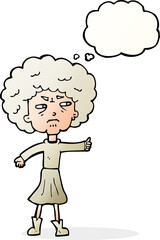 cartoon annoyed old woman with thought bubble