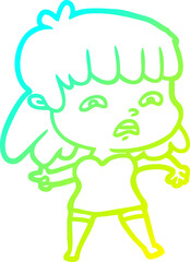 cold gradient line drawing cartoon worried woman