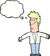 cartoon happy man with open arms with thought bubble