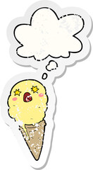 cartoon shocked ice cream and thought bubble as a distressed worn sticker
