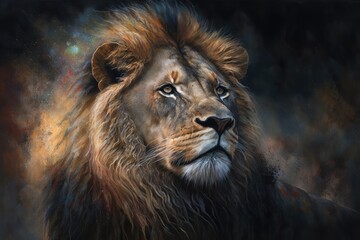Fototapeta na wymiar Beautiful Lion Portrait, Lion in the Dark, oil paints, soft lines. Generative AI