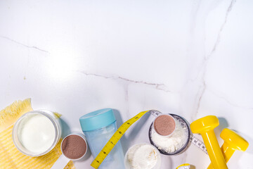 Set of protein bar, shake and powder