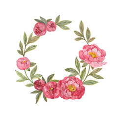 Wreath of watercolor pink peonies isolated on a white background. Floral frame for creating invitations, posters, cards. Romantic template for wedding, valentine's day.