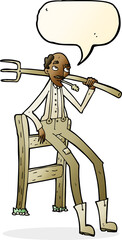 cartoon old farmer leaning on fence with speech bubble
