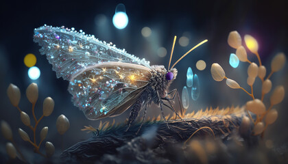 Fototapeta na wymiar a moth is an insect in a fantastic crystalline macrocosm, fabulous ice plants and bees created with the help of artificial intelligence.