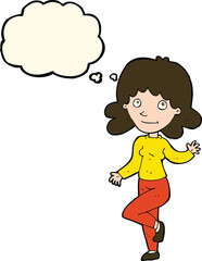 cartoon friendly woman waving with thought bubble