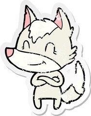 distressed sticker of a friendly cartoon wolf