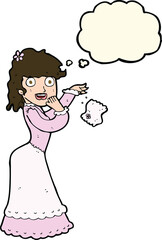 cartoon victorian woman dropping handkerchief with thought bubble