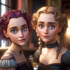 Obraz premium Cute and funny girls taking a selfie, cartoon , illustration, AI generated