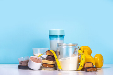 Set of protein bar, shake and powder