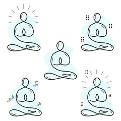 Yoga meditation line icons. Body balance, person relax and energy meditation set. Mind harmony, health meditate and self concentrate line icons. Listen relax sound, yoga mind therapy. Vector
