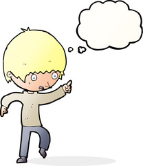 cartoon worried boy pointing with thought bubble