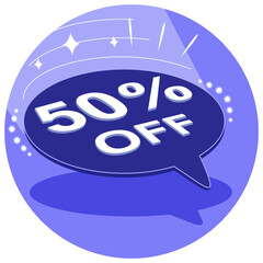 Sale tag 50% fifty percent off in 3D, vector illustration, balloon shape, art.