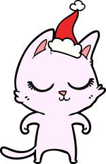calm line drawing of a cat wearing santa hat