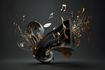 Music notes coming out of an box. 3D rendering. Abstract background.3d illustration of musical notes flowing in the air over dark background. Generative AI technology.
