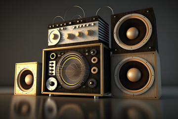 Audio speakers over dark background with space for text. Generative AI technology.