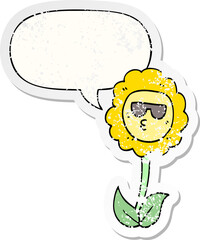 cartoon flower and speech bubble distressed sticker