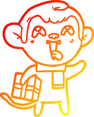 warm gradient line drawing crazy cartoon monkey with christmas present