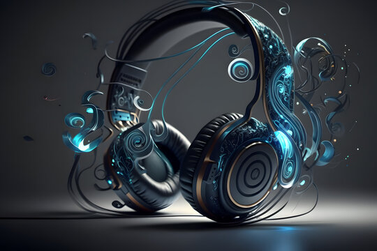 Headphones with music notes in color background. Music concept. Abstract music wave design. Headphones with splashes of music. Generative AI technology. 