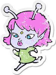 distressed sticker of a pretty cartoon alien girl running