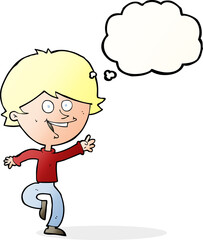 cartoon happy waving boy with thought bubble