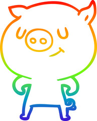 rainbow gradient line drawing happy cartoon pig