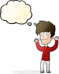 cartoon man waving arms with thought bubble