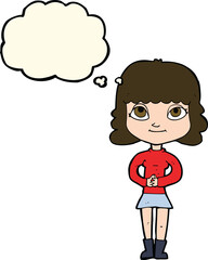 cartoon happy woman with thought bubble