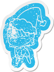 cartoon distressed sticker of a woman wearing santa hat