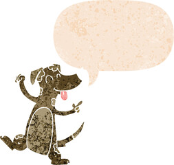 cartoon dancing dog and speech bubble in retro textured style
