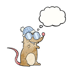 thought bubble textured cartoon mouse wearing glasses and hat