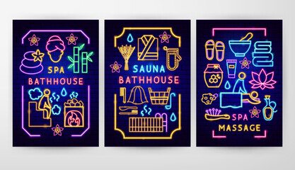 Sauna Flyer Concepts. Vector Illustration of Washing Procedure. Clean and Wash. Glowing Led Lamp Promotion.