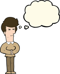 cartoon man narrowing his eyes with thought bubble