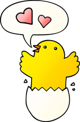 cute hatching chick cartoon and speech bubble in smooth gradient style