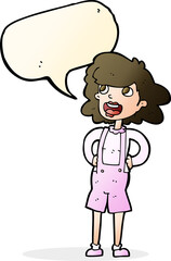 cartoon woman in dungarees with speech bubble