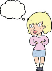 cartoon woman making Who Me? gesture with thought bubble