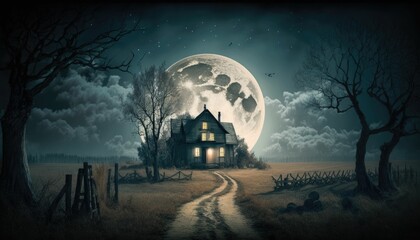 A spooky place with a full moon night. Generative AI.