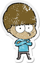 distressed sticker of a nervous cartoon boy