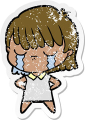 distressed sticker of a cartoon woman crying