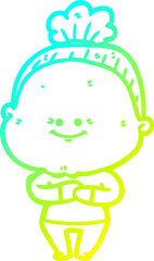cold gradient line drawing cartoon happy old woman