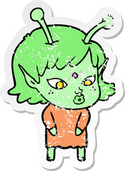 distressed sticker of a pretty cartoon alien girl
