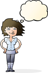 cartoon woman with hands on hips with thought bubble