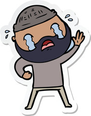 sticker of a cartoon bearded man waving and crying